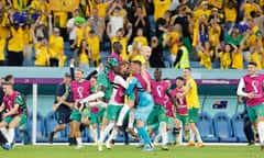 Australia's players and fans celebrate on the final whistle during the Qatar 2022 World Cup Group D match between Australia and Denmark at Al Janoub Stadium on 30 November 2022 in Al Wakrah, Qatar. (Photo by Tom Jenkins)