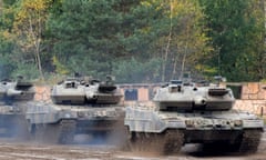 Leopard 2 A7 battle tanks of the German armed force take part in military training in Munster, northern Germany