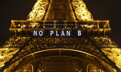 The slogan “No Plan B” is projected onto the Eiffel Tower as part of the United Nations Climate Change Conference in Paris.