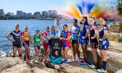 NRLW players pose for a photograph during the launch of the 2024 NRL Women’s Premiership at Barangaroo Reserve in Sydney