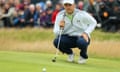 Jordan Spieth lines up a putt on the first green during the final round on day four of the 145th Open Championship at Royal Troon.