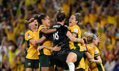The Matildas celebrate on the field after defeating France in a penalty shootout in the World Cup quarter-final