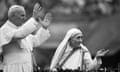 Mother Teresa and Pope John Paul II waving to well-wishers, at the Nirmal Hriday Home, in Calcutta.