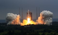 The Long March-5B Y2 rocket, carrying the Tianhe module, blasts off from the Wenchang in south China’s Hainan province in April. 