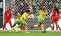 Jamaica's Allyson Swaby with teammates after opening the scoring.