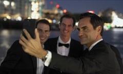 Roger Federer takes an off-court selfie with Rafael Nadal and Andy Murray, in dinner jackets for their Laver Cup gala dinner