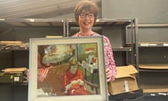 OPINION illustration for Carol Morley Snapshot: Linda King, shipping manager at Ewbank's Auctions, holding a painting by Audrey Amiss