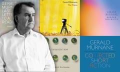 A composite image of Authot Gerald Murnane in front of his books