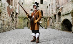 Thomas Zugic dressed as Sir William Pennyman’s reg’t of foot approx 1643 (wearing a leather buff coat, bassinet helmet sword + Baldric and carrying flintlock carbine) at Wressle Castle (1300c) East Yorkshire.