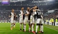 Serie A - Juventus v Brescia<br>Soccer Football - Serie A - Juventus v Brescia - Allianz Stadium, Turin, Italy - February 16, 2020 Juventus' Juan Cuadrado celebrates scoring their second goal with teammates REUTERS/Massimo Pinca