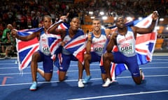 Chijindu Ujah, Zharnel Hughes, Adam Gemili and Harry Aiknes-Aryeetey celebrate winning gold for Great Britain in the men’s 4x100m on the final night of competition in Berlin.