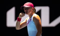 Iga Swiatek celebrates as she beats former Australian Open winner Sofia Kenin in the first round at Melbourne Park.