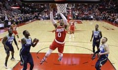 Houston Rockets guard Russell Westbrook (0) drives to the basket during the first half of the team’s NBA basketball game against the Dallas Mavericks, Friday, Jan. 31, 2020, in Houston. (AP Photo/Eric Christian Smith)