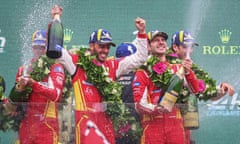 Drivers Miguel Molina, Antonio Fuoco and Nicklas Nielsen celebrate victory.