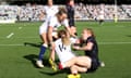 Ellie Kildunne of England congratulates Abby Dow after her wonderful solo try against Canada