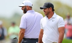 Dustin Johnson (left) and Brooks Koepka on the 3rd hole during a practice round prior to the 2023 PGA Championship at Oak Hill