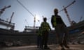 Construction workers at Lusail Stadium during a media tour in Doha, Qatar, 20 December 2019.