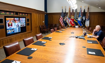 President Joe Biden is seen during a meeting with Vice President Kamala Harris, their security team and senior officials to obtain updates on the draw down of civilian personnel in Afghanistan