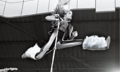 Photo of David Lee ROTH and VAN HALEN<br>NETHERLANDS - MAY 26:  PINKPOP FESTIVAL  Photo of David Lee ROTH and VAN HALEN, David Lee Roth performing live onstage, jumping  (Photo by Rob Verhorst/Redferns)