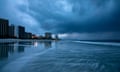 TOPSHOT-US-WEATHER-ENVIRONMENT-HURRICANE<br>TOPSHOT - Rain begins to fall as the outer bands of Hurricane Florence make landfall in Myrtle Beach, South Carolina on September 13, 2018. - Hurricane Florence edged closer to the east coast of the Hurricane Florence edged closer to the east coast of the US Thursday, with tropical-force winds and rain already lashing barrier islands just off the North Carolina mainland. The huge storm weakened to a Category 2 hurricane overnight, but forecasters warned that it still packed a dangerous punch, 110 mile-an-hour (175 kph) winds and torrential rains. (Photo by Alex Edelman / AFP)ALEX EDELMAN/AFP/Getty Images