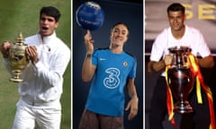 Carlos Alcaraz celebrates after winning Wimbledon, Lucy Bronze checks in at Chelsea and Álvaro Morata with the European Championship trophy.