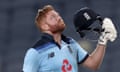 England’s Jonny Bairstow looks skywards to celebrate scoring a century during the second one-day International against India.