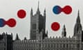 Design image of Houses of Parliament with red and blue blobs above