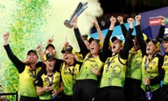 Australian players celebrate their Women’s World T20 final victory over India at the MCG.