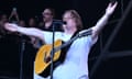 Lewis Capaldi spreads his arms wide as he sings on Glastonbury's Pyramid stage