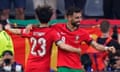 Bruno Fernandes celebrates a goal with Vitinha