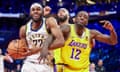 Indiana Pacers forward Isaiah Jackson (22) grabs a rebound as LA Lakers forwards Anthony Davis and Taurean Prince (12) look on during Saturday’s NBA Cup final.