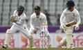 Ben Duckett of England is caught behind by Mushfiqur Rahim of Bangladesh.