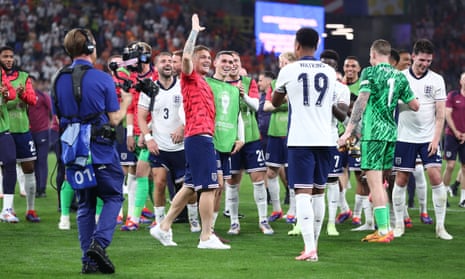 Ollie Watkins with his England team-mates after beating the Netherlands at Euro 2024