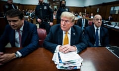 Donald Trump with attorneys Todd Blanche and Emil Bove at Manhattan criminal court on 29 May.