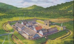 Illustration of a fort with green hills in the background