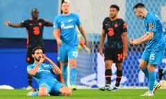 Magomed Ozdoev celebrates after scoring Zenit’s last-minute equaliser against Chelsea to make it 3-3