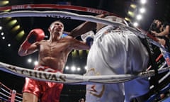 Kazakhstan’s Gennady Golovkin, left, knocks down Canada’s Steve Rolls during the fourth round of a super middleweight boxing match Saturday, June 8, 2019, in New York. Golovkin stopped Rolls in the fourth round. (AP Photo/Frank Franklin II)