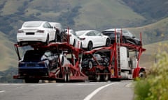 Tesla Factory Reopens Defying Local Government<br>epa08418241 A car carrier hauler carrying Tesla electric vehicles departs Tesla’s vehicle factory in Fremont, California, USA, 12 May 2020. CEO Elon Musk announced he was defying Alameda County (local officials) coronavirus COVID-19 non-essential business shut-down orders. EPA/JOHN G. MABANGLO