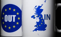 EU Referendum -  the words 'IN' and 'OUT' depicted on mugs.