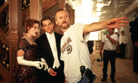 Kate Winslet, Leonardo DiCaprio and James Cameron on the set of Titanic