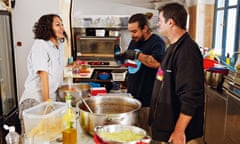 Yasmin Khan, left, with chefs from the Home for All community centre which provides free meals to refugees on Lesbos. 