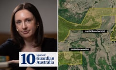 Composite of Lisa Cox with an aerial view of zoned land in south-west Sydney