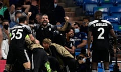 Sheriff's players celebrate their winning goal in their Champions League match at Real Madrid.