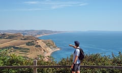 Guardian Weekend | Pub Walk<br>Views looking East from the top of the Golden Cap. The walking route along the coastal path between Seaton and Sea Town in Dorset. Photographer Gareth Iwan Jones 9th August 2022 www.garethiwanjon.es.com