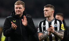 Eddie Howe and Kieran Trippier applaud Newcastle fans following the 4-1 defeat by Arsenal