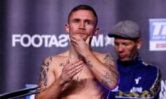Carl Frampton at the weigh-in before his IBF featherweight title fight against Josh Warrington at Manchester Arena.