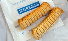 Greggs vegan sausage rolls on paper bag