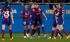 Celebrations after Caroline Graham Hansen added the second goal for Barcelona.