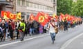 Demonstrators from Sweden’s Alliance Against Nato carry flags of the Kurdistan Workers party (PKK) in Stockholm in June 2023