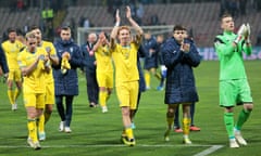 Ukraine's Mykhailo Mudryk and teammates applaud fans after their win against Bosnia-Herzegovina.